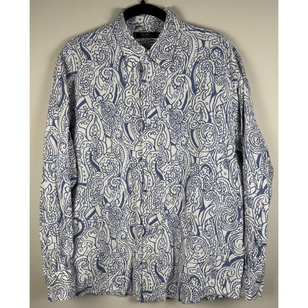 Raffi Linen Uomo Long Sleeve Button Up Shirt Paisley Print Mens L 52‎